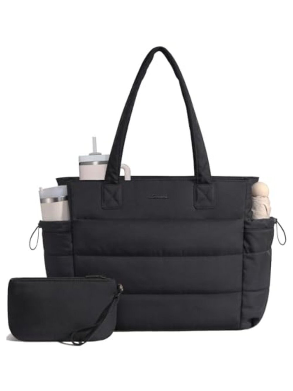 Ultralight Puffer Tote Bag for Women, Travel Laptop Handbag with Tumbler